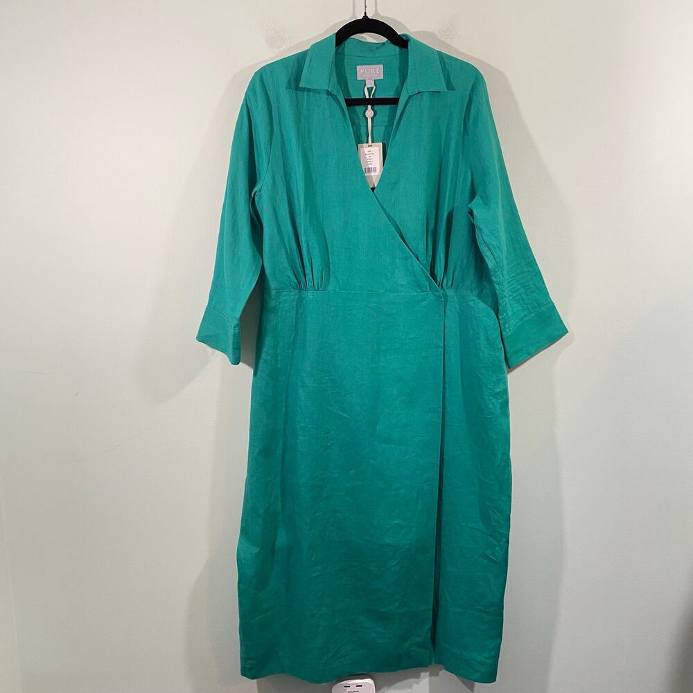 Pure Collection Women Jade Green Quarter Sleeve Linen Wrap Dress Size 14 NWT